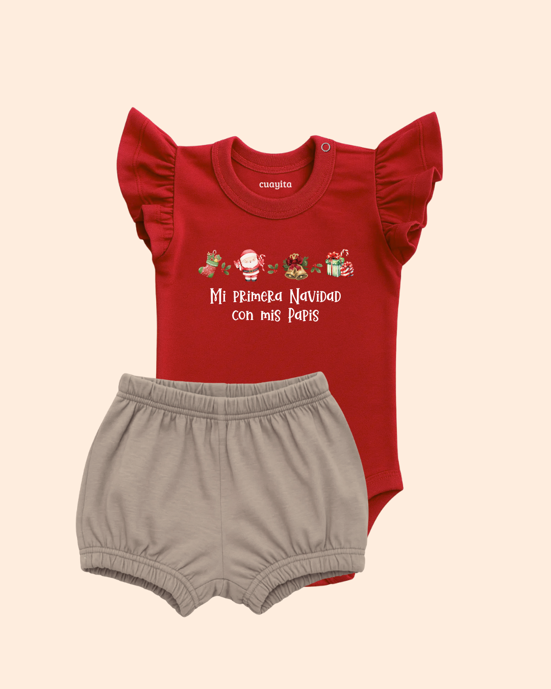 Conjunto para niña personalizado con nombre Mi primera navidad con mis papis body rojo