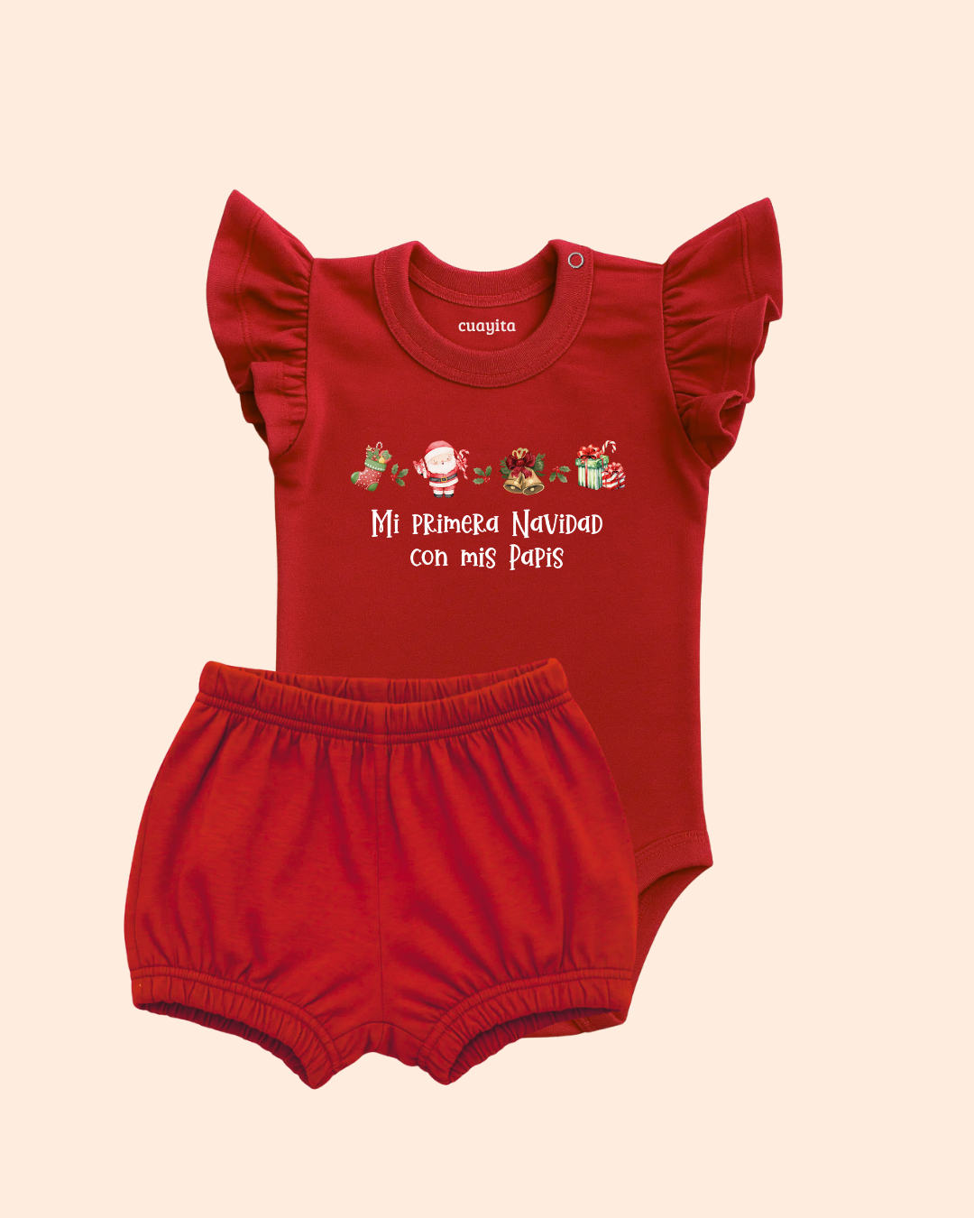 Conjunto para niña personalizado con nombre Mi primera navidad con mis papis body rojo